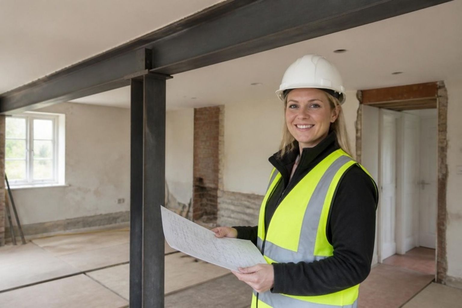 Smilende statiker med hjelm og tegninger ved en ny stålbjælke i et hus under renovering