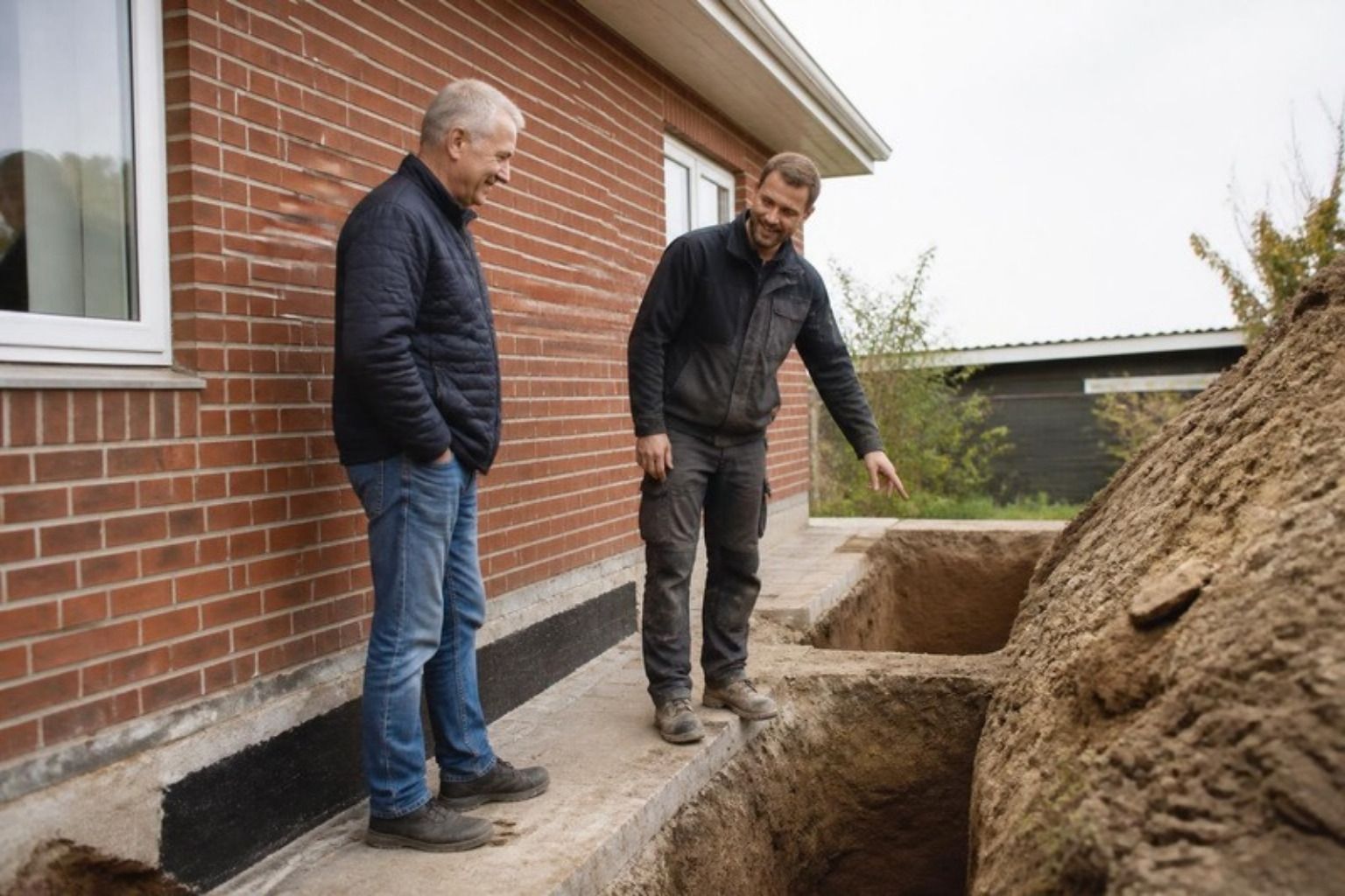 Boligejer og håndværker ved en gravet fundamentsrende langs et rødt murstenshus